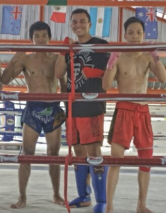 Jared with martial artists at Nongnapat Gym in Phuket, Thailand